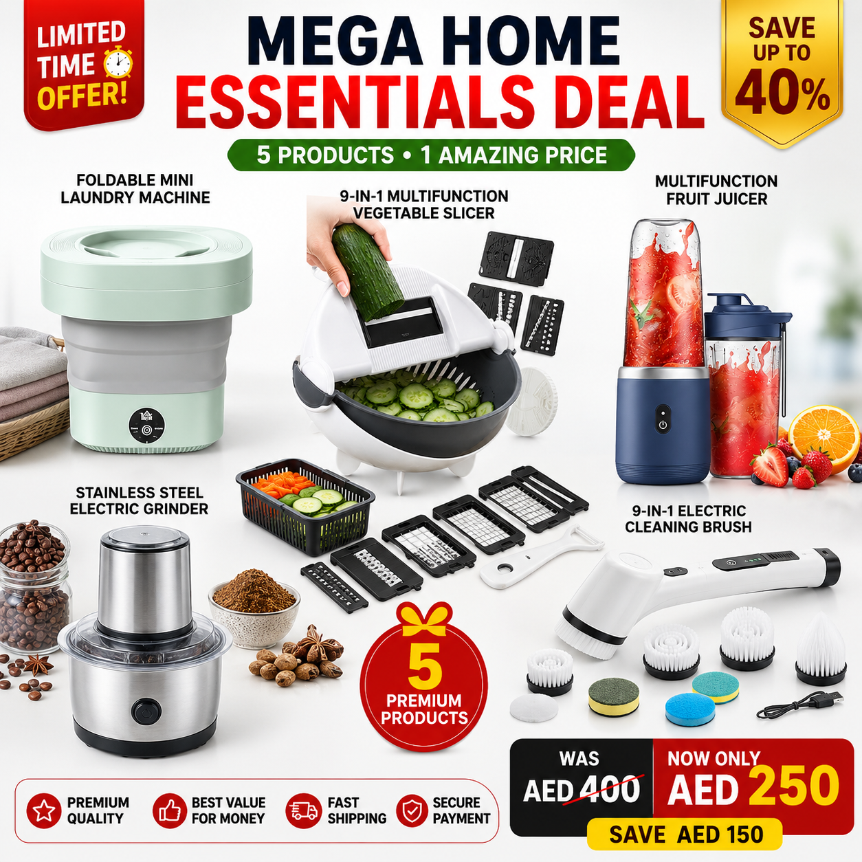 5-in-1 Home Essentials Bundle | Kitchen & Cleaning Mega Deal| save more 150 Durham now