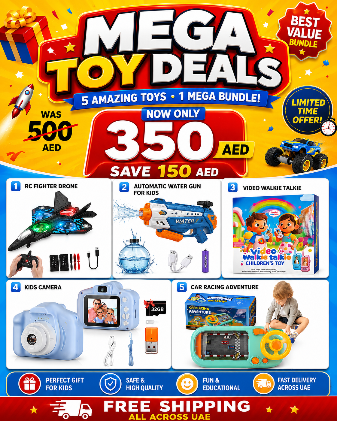 5-in-1 Mega Toy Bundle | RC Jet, water gun, Kids Camera, Video Walkie Talkie & Racing Game
