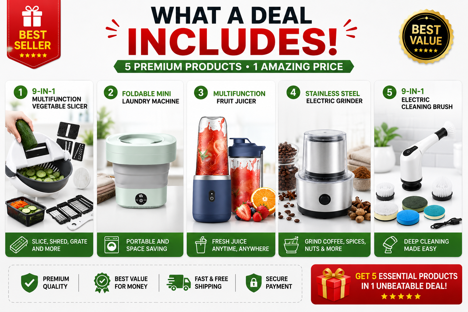 5-in-1 Home Essentials Bundle | Kitchen & Cleaning Mega Deal| save more 150 Durham now
